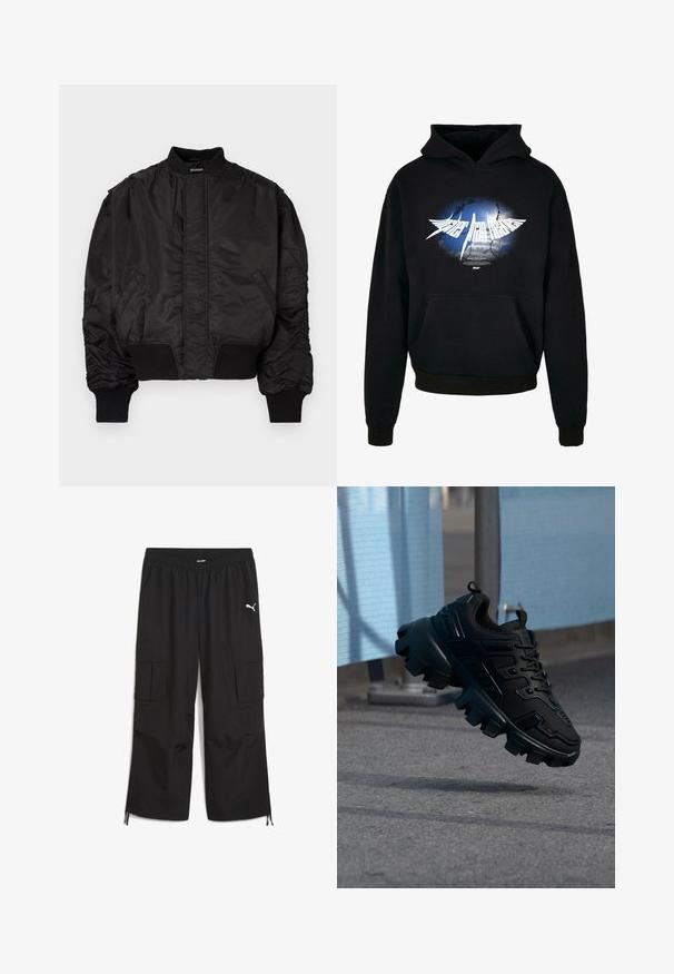 Zwarte bomberjack met een hoge kraag, opgeblazen mouwen, geribbelde manchetten en tailleband, en een gladde satijnen afwerking. Voorzien van zijzakken.; Zwarte hoodie met een centraal wit grafisch ontwerp met een blauw en grijs burst-ontwerp en de tekst "Higher than Heaven" in gestileerde lettertype. Voorzak.; Zwarte cargobroek met een elastische tailleband, twee zijzakken en een witte PUMA-logo op het bovenste deel van het linkerbeen. Verstelbare boorden aan de zoom.; Zwarte chunky sneaker met dikke profielzool die boven een grijze stoep zweeft, tegen een wazige lichtblauwe en grijze achtergrond.
