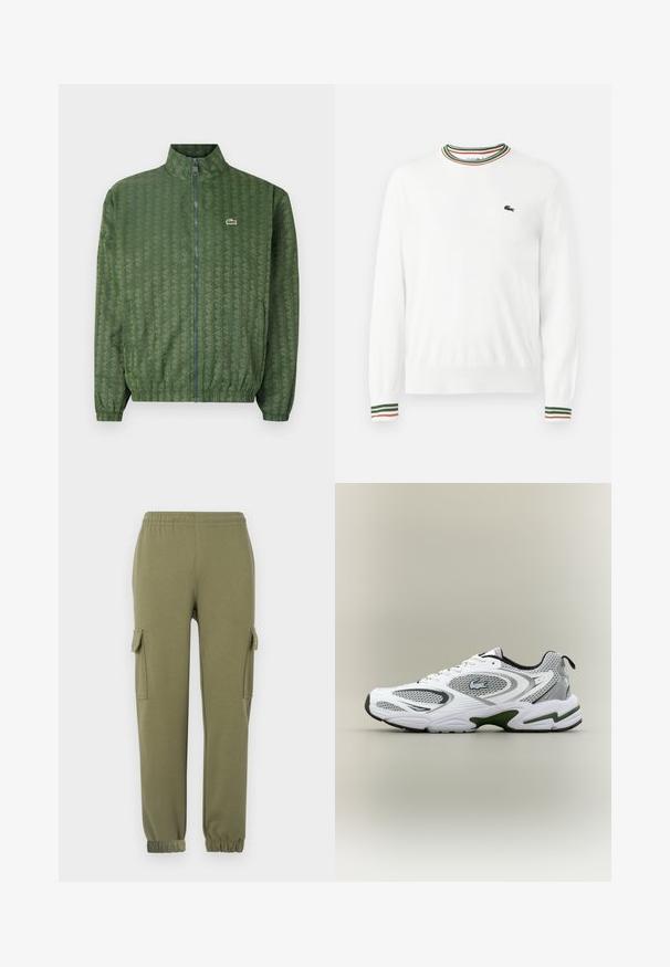 Groene ritsjack met een geometrisch patroon, hoge kraag, elastische manchetten en een Lacoste-logo op de borst. Lichtgewicht materiaal.; Witte trui met ronde hals, voorzien van groene, rode en oranje gestreepte accenten op de kraag en mouwen. Lacoste-logo op de borst.; Cargo broek in olijfgroene lichtgewicht stof, met zijzakken, een elastische tailleband en aansluitende manchetten voor een strakke fit.; Witte en grijze sportieve hardloopschoen met meshpanelen, groene accenten, zwarte details en een logo aan de zijkant, getoond vanaf de buitenkant.