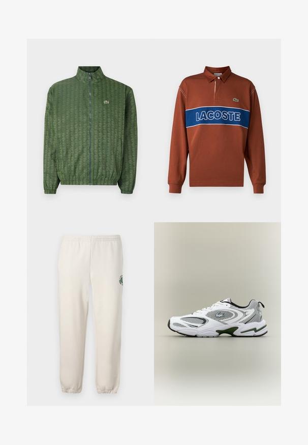 Grøn lynlåsjakke med geometrisk mønster, høj krave, elastiske manchetter og Lacoste-logo på brystet. Letvægtsmateriale.; Langærmet polo shirt i rustbrun med en blå vandret stribe, der har hvid "LACOSTE" tekst. Indeholder en krave og grøn logo detalje.; Lys beige sweatpants lavet af bomuld, med elastisk talje, ribbede mansjetter og et grønt logo med bladdesign på venstre ben.; Hvid og grå sporty løbesko med mesh-paneler, grønne detaljer, sorte elementer og et logo på siden, vist fra ydersiden.