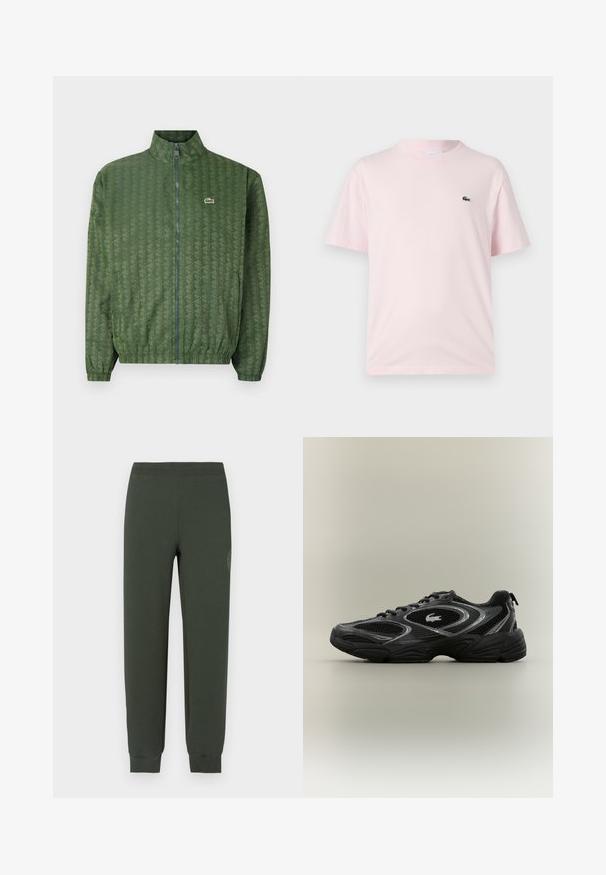 Groene ritsjack met een geometrisch patroon, hoge kraag, elastische manchetten en een Lacoste-logo op de borst. Lichtgewicht materiaal.; Lichtroze katoenen t-shirt met korte mouwen. Kenmerkt zich door een klein groen geborduurd logo op de linkerborst. Ronde hals ontwerp.; Groene joggingbroek met elastische tailleband en manchetten, met een gladde textuur en een tonale logodetail op de linker dij.; Zwarte en grijze sport sneaker met meshpanelen, vetersluiting, dikke zool en een klein krokodillologo aan de zijkant.