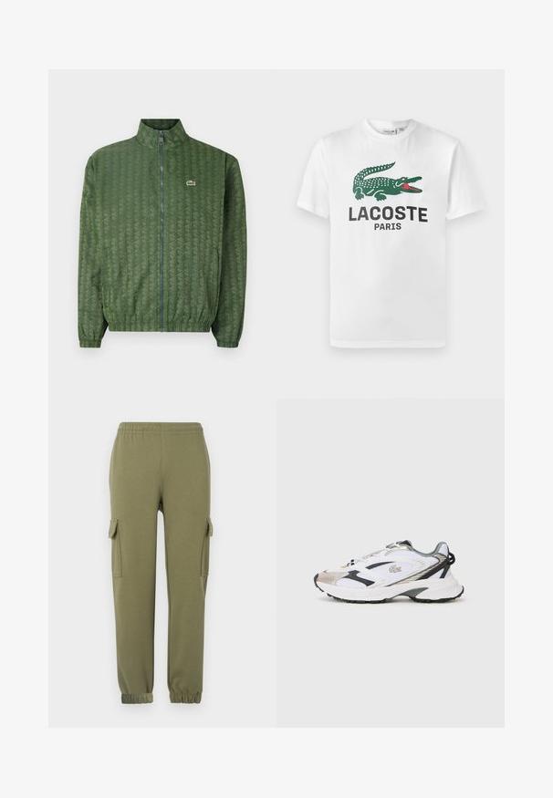 Grøn lynlåsjakke med geometrisk mønster, høj krave, elastiske manchetter og Lacoste-logo på brystet. Letvægtsmateriale.; Lacoste T-shirts print - white; Cargo bukser i olivengrønt letvægtsstof, med sidelommer, elastisk talje og taperede manchetter for en tætsiddende pasform.; Hvide sportsko med sølv- og sorte detaljer, mesh-overdel, struktureret sål og et strømlinet design med et logo på siden.