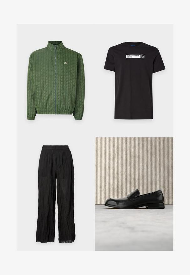 Grüne Zip-Jacke mit geometrischem Muster, hohem Kragen, elastischen Bündchen und einem Lacoste-Logo auf der Brust. Leichtes Material.; Schwarzes Baumwoll-T-Shirt mit kurzen Ärmeln, das ein weißes Textgrafik-Label mit der Aufschrift "KARL LAGERFELD JEANS" und ein Logo aufweist, Rundhalsausschnitt.; Schwarze Leinenhose mit weitem Bein und strukturierter Oberfläche. Mit elastischem Bund und subtilen Falten.; Schwarzer Leder-Loafer mit Metallakzent, der schwebend über einem beigen Teppich präsentiert wird, im Hintergrund ein runder, bernsteinfarbener Tisch.