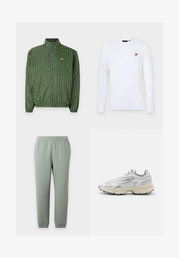 Roheline tõmbluku jao jakker, millel on geomeetriline muster, kõrge krae, elastsed mansetid ja Lacoste logo rinna piirkonnas. Kerge materjal.; Pikkade varrukatega valge puuvillane särk, millel on vasakul rinnal väike kollane vaibalogo. Lihtne disain, ümmargune kaelus.; Heledad rohelised dressipüksid, millel on elastne vöökoht, kitsenevad sääred ja mansettidega pahkluud. Valmistatud pehmest, kergest kangast.; Valged spordijalatsid hallide aktsentidega, suvijõud, nailon ja sünteetiline ülemine osa, nöörimise disain ning tekstuuriga kummist tald, millel on haardemustrid.