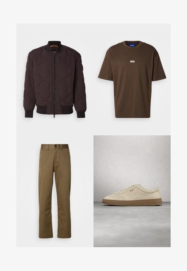 Mørkebrun quilted bomberjakke med frontlynlås, ribbede manchetter og krave samt subtile cirkulære stikmønstre.; Brun bomuld T-shirt med korte ærmer og rund hals. Har en lille hvid rektangulær logo med "HUGO" på fronten.; Brune, lige bukser lavet af vævet stof. Har en knaplukning, sidelommer og en glat tekstur. Skræddersyet pasform.; Lyse beige ruskindssneaker med gummisål i farven gum, tydelige snørebånd og fine syningsdetaljer. Ren design med et minimalistisk æstetisk udtryk.