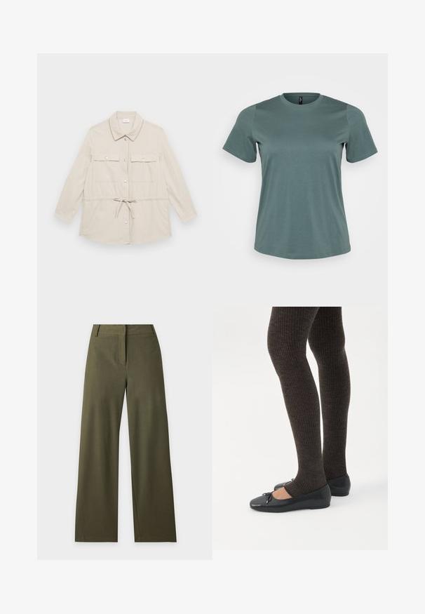 Lys beige knap-op-jakke med lange ærmer, to brystlommer og snoretræk i taljen for justerbar pasform. Glat stofstruktur, klassisk krave.; Kortærmet t-shirt i afdæmpet grøn, rund halsudskæring, lavet af blød bomuldsblanding, med en glat tekstur og løs pasform.; Mørk olivengrønne bukser med vide ben, høj talje, bæltestropper og skjult forlukning foran på en ensfarvet lys baggrund.; Ben iført mørke ribbede leggings kombineret med sorte balletsko med små sløjfedetaljer på hvid baggrund.