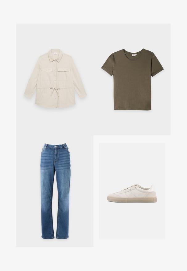 Lys beige knap-op-jakke med lange ærmer, to brystlommer og snoretræk i taljen for justerbar pasform. Glat stofstruktur, klassisk krave.; Ensfarvet olivengrøn T-shirt med korte ærmer, rund halsudskæring, opkrogede ærmekanter og en lille hvid label indeni kraven.; Blå straight-fit jeans med knap- og lynlåslukning, for- og baglommer, vist på en ensfarvet hvid baggrund.; Beige ruskindssneakers med lav profil, der har en struktureret overdel, tonale sømme og en lys gummisål. Snørebånd fuldender designet.