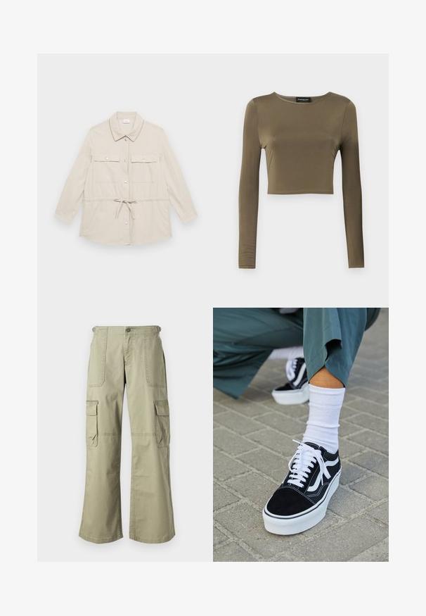 Svetlo béžová bundová s button-up zapínaním, dlhými rukávmi, dvoma náprsními vreckami a nastaviteľným pásom na sťahovanie. Hladká textúra látky, klasický golier.; Olivovo zelený, dlhý rukáv, skrátený top z hladkej, elastickej tkaniny; má okrúhly výstrih a prispôsobený strih s dokončenými lemami.; Khaki cargo nohavice s uvoľneným strihom, ktoré majú dve bočné vrecká, predné zapínanie na gombík a široké nohavice. Bavlnená tkanina s hladkou textúrou.; Čierne semišové tenisky s bielymi akcentmi a šnúrkami, s hrubou bielou podrážkou a kontrastným prešívaním, doplnené o bielu ponožku.