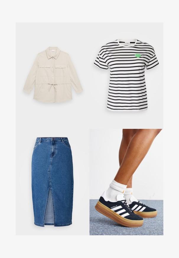 Lys beige knap-op-jakke med lange ærmer, to brystlommer og snoretræk i taljen for justerbar pasform. Glat stofstruktur, klassisk krave.; Kortærmet T-shirt med rund hals i sort og hvidstribet, med et grønt fuzzy hjertepatch på venstre brystområde.; Denim nederdel i mellemblå med en frontslids, høj talje, fem lommer og bæltesløjfer. Stoffet har en tekstureret finish.; Ben iført hvide sokker og sorte Adidas Gazelle sneakers med hvide striber og tykke brune såler på et gråt tæppe.
