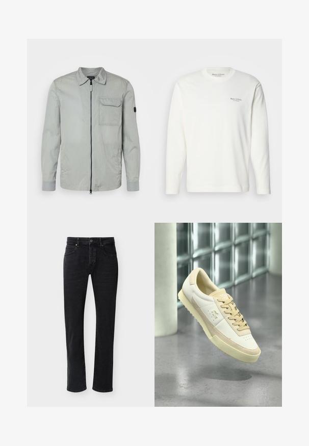 Hellgraue Jacke mit strukturierter Oberfläche, Reißverschluss vorne, spitzem Kragen und Brusttasche; mit kontrastierenden grauen Bündchen und subtiler Markenkennzeichnung.; Langärmeliges weißes Baumwollhemd mit rundem Ausschnitt, das ein kleines marineblaues Logo auf der Brust trägt. Glatte Textur und normale Passform.; Schwarze Jeans mit geradem Bein, vorderen Taschen, Gürtelschlaufen, Knopfverschluss und sichtbaren Nähten vor einem schlichten weißen Hintergrund.; Weißer und beigefarbener Freizeitschuh mit Schnürsenkeln und strukturiertem Absatz, der über einem reflektierenden grauen Boden nahe einer Glasblockwand schwebt.