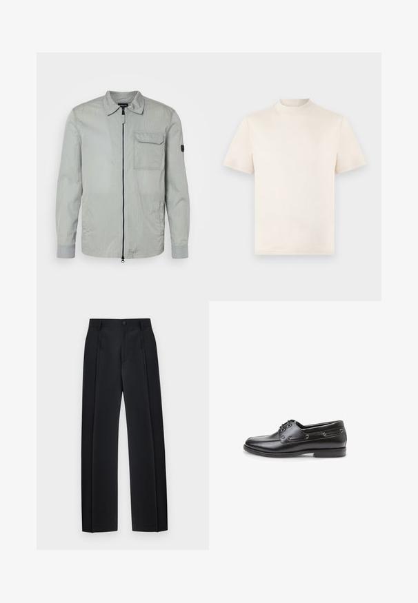 Hellgraue Jacke mit strukturierter Oberfläche, Reißverschluss vorne, spitzem Kragen und Brusttasche; mit kontrastierenden grauen Bündchen und subtiler Markenkennzeichnung.; Cremfarbendes T-Shirt mit kurzen Ärmeln und hohem Kragen, aus weicher Baumwolle gefertigt. Verfügt über ein dezentes, eingeprägtes Logo auf der Brust.; Schwarze, maßgeschneiderte Hose mit geradem Bein, vorderen Falten, Gürtelschlaufen und Knopfverschluss am Bund.; Schwarzer Bootsschuh aus Leder mit abgerundeter Spitze, Schnürung durch Metallösen und flachem Profil. Verfügt über eine strukturierte Sohle und minimale Nähte.