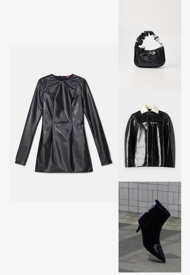 Schwarze glänzende Jacke mit strukturiertem Design, ausgestattet mit einem cremeweißen Kragen und einer Knopfschließe, aus glattem, glänzendem Material gefertigt.; 032c TRAPEZE TOO TIGHT MINI DRESS - Cocktailkleid/festliches Kleid - black luster; Schwarzer patentierter Lederknöchelstiefel mit Stiletto-Absatz steht auf einer gepflasterten Oberfläche vor einem gefliesten Wandhintergrund.; Handtasche aus schwarzem lackiertem Material mit gerafftem Henkel, silbernem Beschlag, runder Form, Reißverschluss und glatter, glänzender Oberfläche.