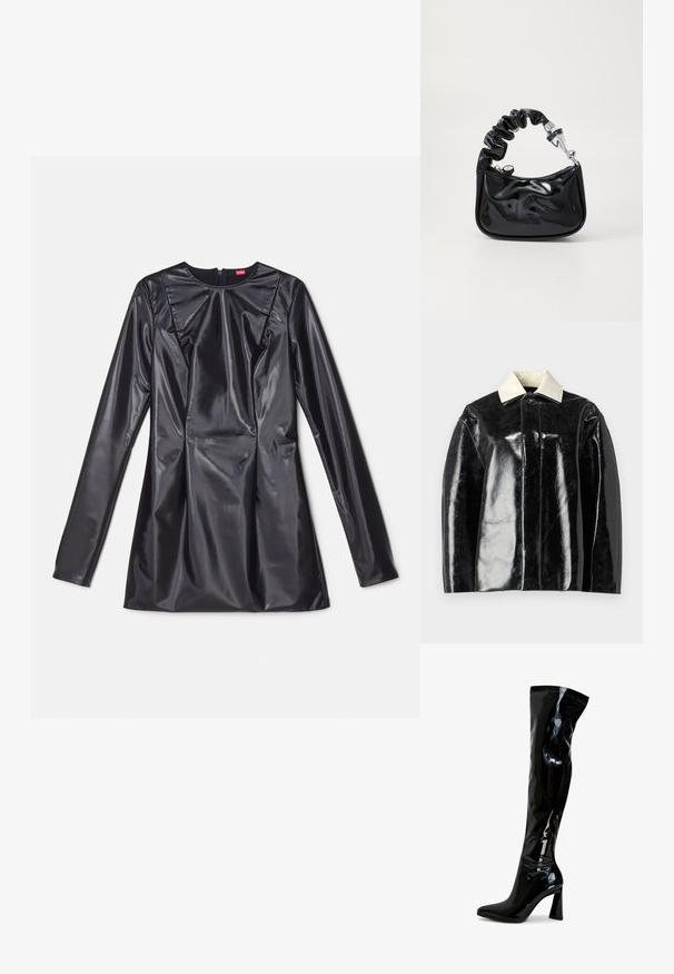 Schwarze glänzende Jacke mit strukturiertem Design, ausgestattet mit einem cremeweißen Kragen und einer Knopfschließe, aus glattem, glänzendem Material gefertigt.; 032c TRAPEZE TOO TIGHT MINI DRESS - Cocktailkleid/festliches Kleid - black luster; Schwarze Overknee-Stiefel aus lackiertem Leder mit spitz zulaufender Zehenpartie, quadratischem Blockabsatz und glatter, glänzender Oberfläche. Ohne sichtbare Beschläge.; Handtasche aus schwarzem lackiertem Material mit gerafftem Henkel, silbernem Beschlag, runder Form, Reißverschluss und glatter, glänzender Oberfläche.