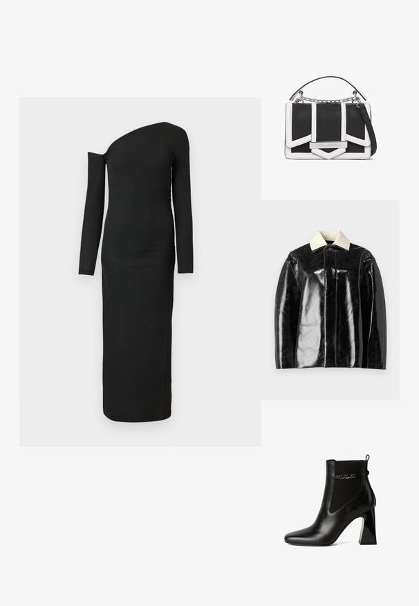 Schwarze glänzende Jacke mit strukturiertem Design, ausgestattet mit einem cremeweißen Kragen und einer Knopfschließe, aus glattem, glänzendem Material gefertigt.; Schwarzes, eng anliegendes Langarmkleid mit asymmetrischem Ausschnitt und gerafftem Seitendetail, aus geripptem Stoff gefertigt.; KARL LAGERFELD ASTRA NOVA GORE - High Heel Stiefelette - black lthr; Schwarze und weiße Handtasche mit strukturiertem Design, aus Leder gefertigt. Verfügt über geometrische Muster, einen Kettenhenkel und eine silberne Logo-Akzent.