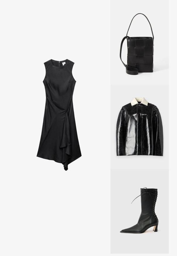 Sort glansjakke med en struktureret design, der har en krémhvid krave og en knaplukning, lavet af glat, shiny materiale.; Ærmeløs sort kjole med rund halsudskæring og asymmetrisk draperet kant, med lynlås i ryggen.; Sort ankelstøvle i læder med spids tå, slank hæl, snøredetalje bagpå og metaløjer. Glat tekstur med et elegant design.; Sort lædertaske med fletdesign. Rektangulær form, kort håndtag og justerbar rem. Glat tekstur med en mat finish.