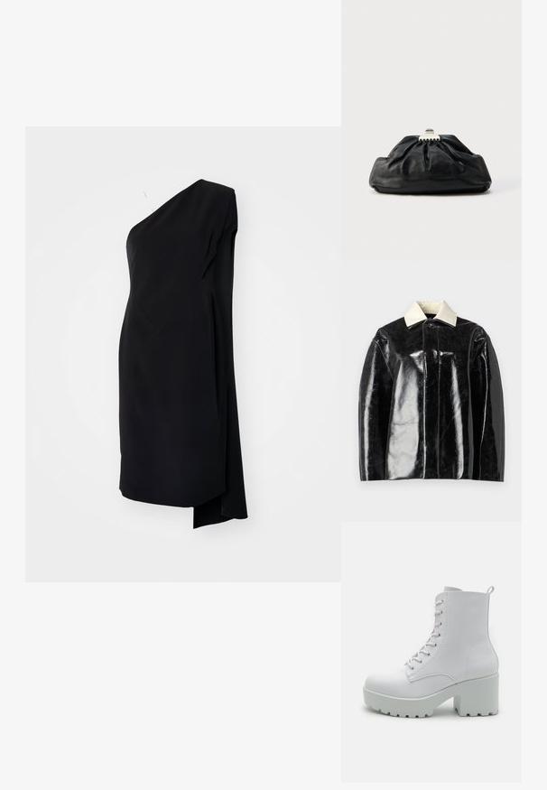 Sort glansjakke med en struktureret design, der har en krémhvid krave og en knaplukning, lavet af glat, shiny materiale.; Sort asymmetrisk kjole med én skulder, lavet af glat stof, med en draperet design og en sideslids for ekstra detaljer.; Hvide ankelstøvler med en kraftig blokhæl, en glat syntetisk overdel, snørebånd fortil og en struktureret gummisål. Minimalistisk design uden mønstre.; Sort læderclutch med en samlet tekstur, metal lukning og diskret præget logo på forsiden. Rundet form.