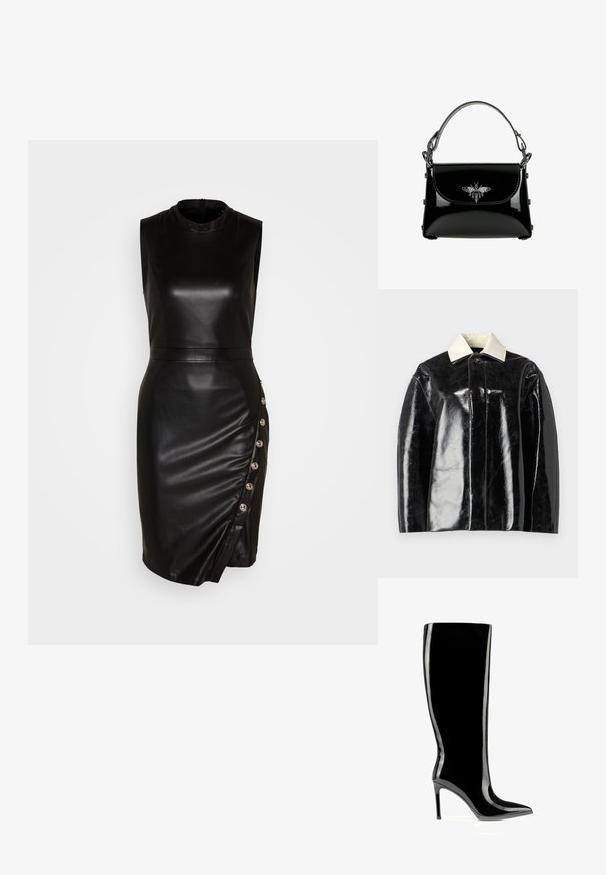 Schwarze glänzende Jacke mit strukturiertem Design, ausgestattet mit einem cremeweißen Kragen und einer Knopfschließe, aus glattem, glänzendem Material gefertigt.; Schwarzes, ärmelloses Lederkleid mit hohem Kragen, taillierter Silhouette, asymmetrischem Saum und dekorativen Knöpfen entlang der Seitennaht.; Schwarzer kniehoher Stiefel aus Lackleder mit spitzer Zehenpartie und Stilettabsatz, schlanker und glänzender Oberfläche.; Schwarze Handtasche aus Lackleder mit einem oberen Griff und einer silbernen Bienenverzierung auf der Vorderklappe.