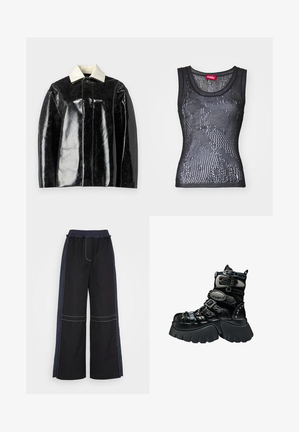 Sort glansjakke med en struktureret design, der har en krémhvid krave og en knaplukning, lavet af glat, shiny materiale.; Sort mesh tanktop med rund halsudskæring og et mønster af små huller. Labeledet indeni siger "032c." Materialet virker let og tekstureret.; 3.1 Phillip Lim COMBO UTILITY PANT - Bukser - black eclipse; Sort platformstøvle med chunky sål, flere teksturerede remme, sølvspænder, dekorative metal accenter og nitte detaljer.