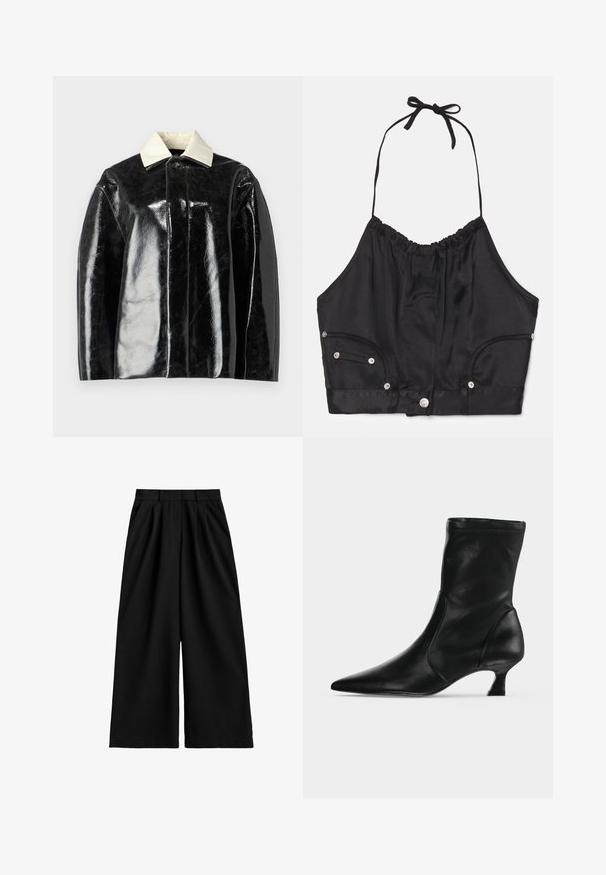 Schwarze glänzende Jacke mit strukturiertem Design, ausgestattet mit einem cremeweißen Kragen und einer Knopfschließe, aus glattem, glänzendem Material gefertigt.; Schwarzes Satin-Halter-Crop-Top mit geraffter Textur, verstellbarem Halsband, Frontknöpfen und zwei seitlichen Taschen mit silbernen Hardware-Details.; Schwarze, weite Hosen mit hoher Taille, Gürtelschlaufen, vorderen Falten und einer sauberen, glatten Stoffoberfläche.; Schwarzer Leder-Stiefel bis zur Mitte der Wade mit spitzer Schuhspitze und niedrigem Kittenabsatz, seitlich auf hellem einfarbigem Hintergrund gezeigt.