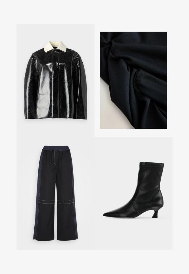 Sort glansjakke med en struktureret design, der har en krémhvid krave og en knaplukning, lavet af glat, shiny materiale.; Sort stof med synlig tekstur og folder, der skaber bløde skygger og højlys på en lysfarvet overflade.; 3.1 Phillip Lim COMBO UTILITY PANT - Bukser - black eclipse; Sort læderstøvle til midt på læggen med spids tå og lav kittenhæl, vist fra siden på en ensartet lys baggrund.