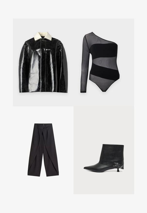 Schwarze glänzende Jacke mit strukturiertem Design, ausgestattet mit einem cremeweißen Kragen und einer Knopfschließe, aus glattem, glänzendem Material gefertigt.; Schwarzer, einseitig spiralförmiger, transparenter Mesh-Body mit einem langen Ärmel und soliden diagonalen Bändern über der Brust und Taille.; Schwarze Hose mit weitem Bein, überlappenden Vorderteilen und zwei Knöpfen am Bund, flach auf weißem Hintergrund präsentiert.; Schwarzer Lederankle-Boot mit spitzer Zehe, kurzem kittenabsatz und silbernem Schriftzug in der Nähe der Ferse.