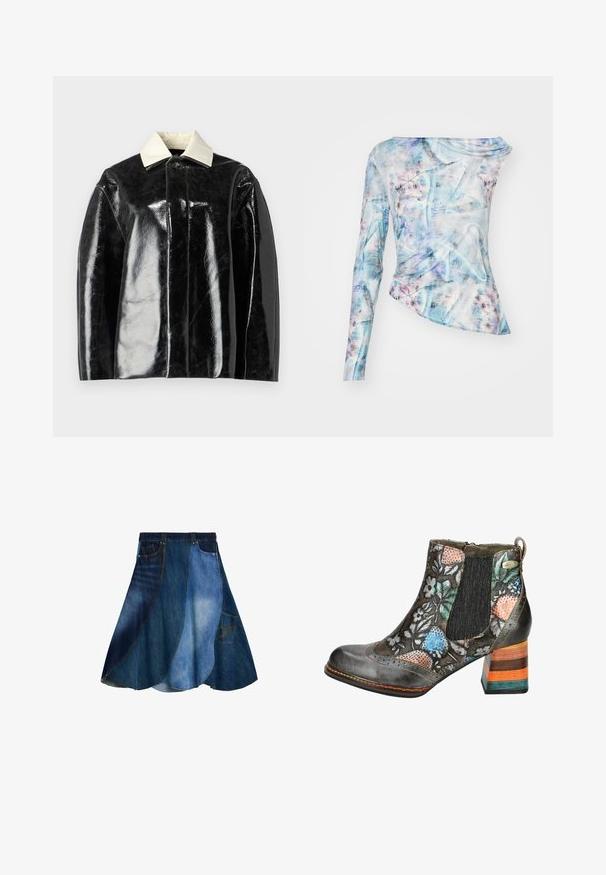 Sort glansjakke med en struktureret design, der har en krémhvid krave og en knaplukning, lavet af glat, shiny materiale.; Asymmetrisk langærmet top i et blåt og pink abstrakt mønster, med sammensamlet tekstur og rund hals. Lavet af letvægtsstof.; Denimnederdel med lap-på-lap-design i forskellige nuancer af blå, slå-ud-form og en sidelomme. Glat tekstur og afslappet stil.; Læderankelstøvle med blomsterprint i forskellige farver. Har elastiske sidepaneler og en stribet blokhæl i flere nuancer.