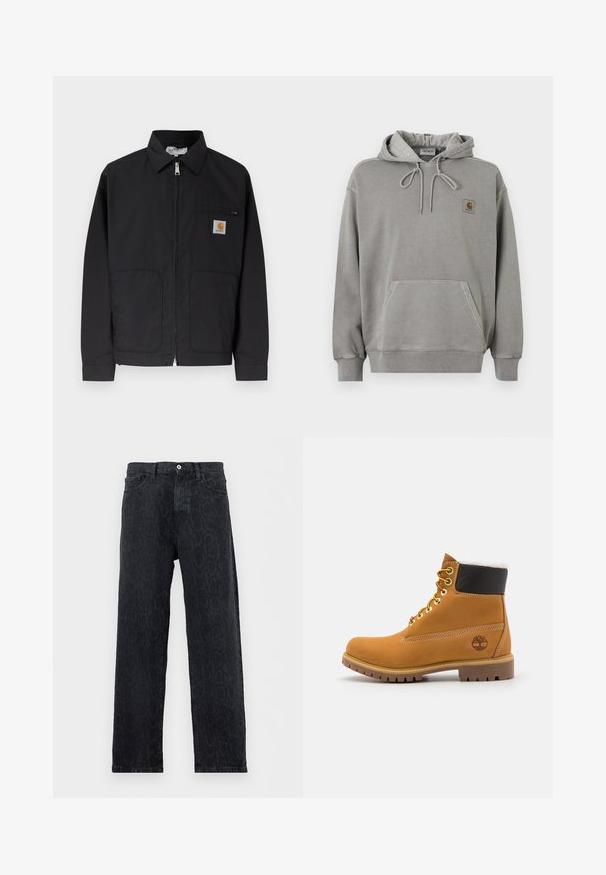 Sort lynlåsskjorte med krave, to forlommer og et lille logopatch på øverste venstre brystlomme.; Lysegrå Carhartt pullover-hoodie med frontlommer, snøre i hætten, ribstrikkede manchetter og lille brandlogo på brystet.; Sorte jeans med lige ben og subtilt mørkt dyreprintmønster, med knap- og lynlåslukning samt forlommer, vist på hvid baggrund.; Brune læder ankelstøvle med metaløjer, hvid pelsforing, sort polstret krave, robust sål og præget logo på siden.
