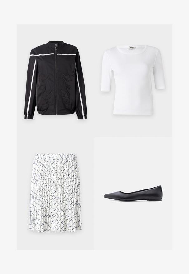 Schwarze Nylonjacke mit Stehkragen, Frontreißverschluss, weißen Streifen und aufgestickten Flammenmustern auf der Vorderseite. Mit elastischen Bündchen.; Weißes, geripptes T-Shirt mit rundem Ausschnitt und Ärmeln bis zum Ellbogen. Hergestellt aus einem weichen Material mit glatter Textur. Etikett am Ausschnitt sichtbar.; Weißer Rock mit einem plissierten Design, das ein navyblaues geometrisches Muster mit sich kreuzenden Linien aufweist. Elastischer Bund mit Kordelzug.; Schwarzer flacher Lederschuh mit spitzer Kappe und niedrigem Absatz, seitlich vor weißem Hintergrund gezeigt.