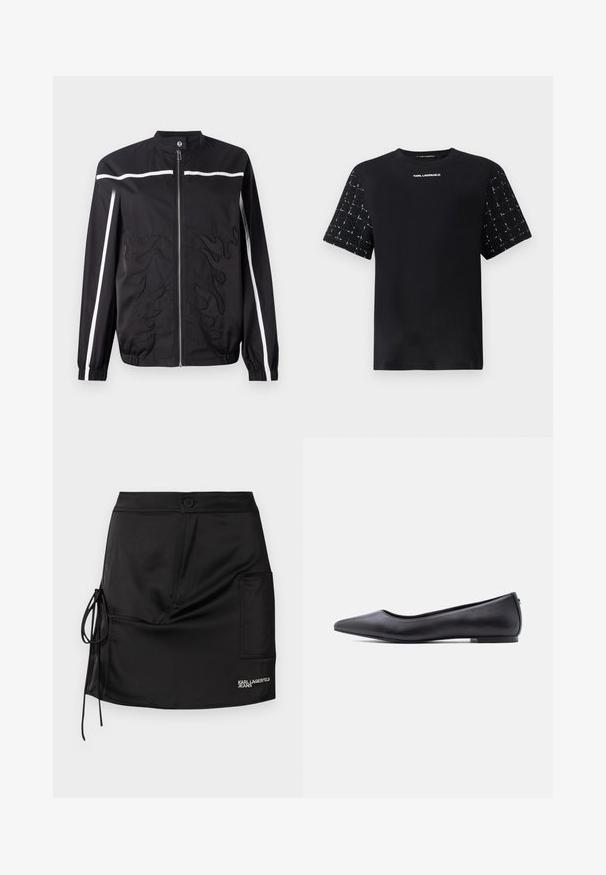 Sort nylonjakke med ståkrave, frontlynlås, hvide striber og flammemønstre syet på fronten. Har elastiske manchetter.; Sort t-shirt med ensfarvet krop og teksturerede, mønstrede korte ærmer. "Karl Lagerfeld" logoet trykt på brystet i hvid.; Sort satin mininederdel med knaplukning, bånddetalje i siden og et opslagslomme med "KARL LAGERFELD JEANS" branding.; Sort flad lædersko med spidst tåparti og lav hæl, vist i sideprofil mod en hvid baggrund.