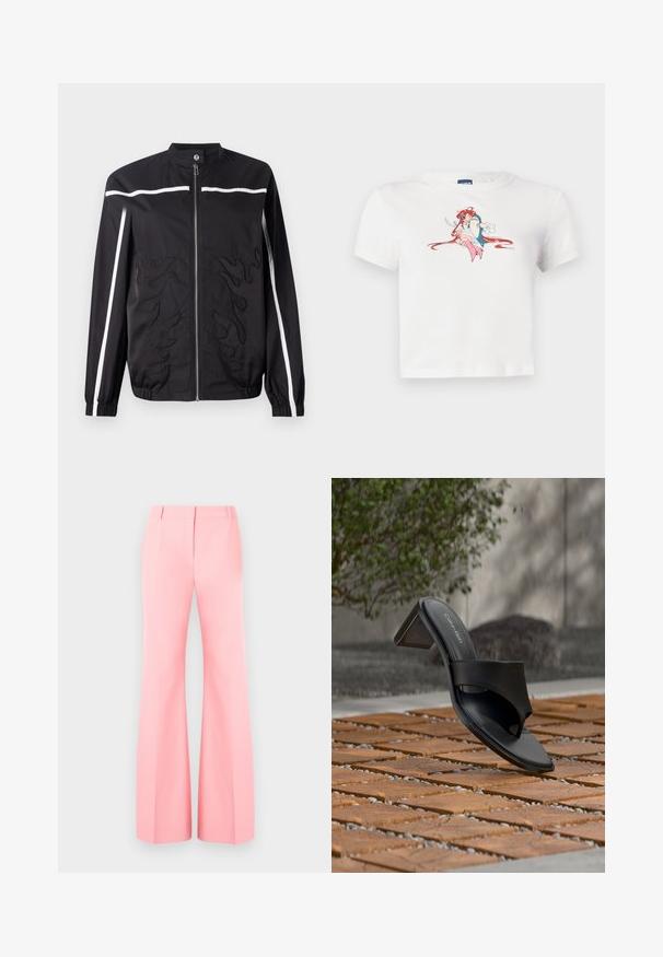 Veste en nylon noir avec col montant, fermeture zippée devant, bandes blanches et motifs de flammes brodés sur le devant. Manchettes élastiques.; T-shirt blanc court en coton, avec un imprimé graphique d'un personnage aux cheveux rouges et aux accents roses, col rond, manches courtes.; Pantalons larges rose avec un design ajusté, présentant un devant plat et des plis soigneusement pressés. Tissu lisse et taille haute.; Sandale à talon noire Calvin Klein avec boucle pour l’orteil, posée sur un sol en carreaux de bois en extérieur, près d’un arbre et d’un mur en pierre.