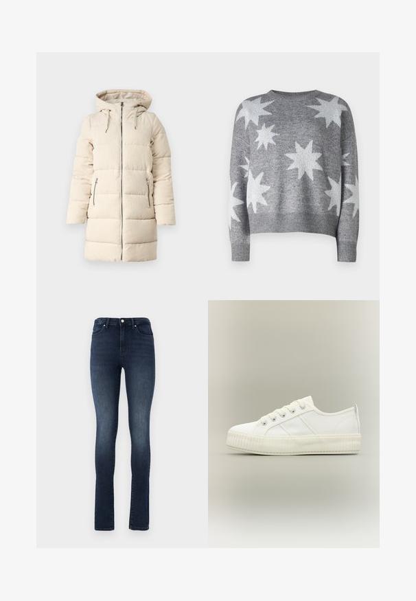 Manteau matelassé beige avec un motif en velours côtelé texturé, fermeture éclair sur le devant, capuche ajustable et deux poches latérales zippées, présentant une coupe longue et ajustée.; Pull en tricot gris avec des motifs d'étoiles blanches, encolure ronde et finitions côtelées aux poignets et à l'ourlet. Design court avec une texture douce.; Jean en denim délavé foncé avec une coupe ajustée, taille haute, design à cinq poches et fermeture à bouton en métal. Texture lisse avec un léger dégradé.; Baskets basses blanches avec semelle épaisse côtelée, lacets à l'avant et languette à l'arrière sur fond neutre.