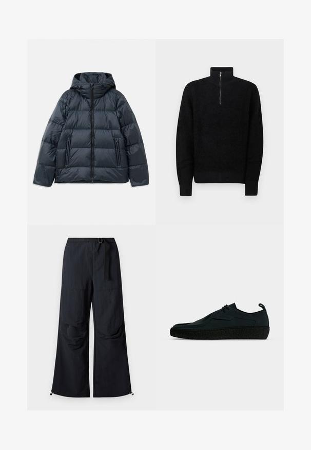 Dunkelblau gefütterte Jacke mit Kapuze, gestepptem Design, vorderem Reißverschluss und zwei seitlichen Reißverschlusstaschen; glatte, glänzende Textur.; Schwarzer Fleece-Pullover mit hohem Kragen und halbem Reißverschluss. Mit gerippten Bündchen und Saum, die ein strukturiertes, gemütliches Aussehen verleihen.; Schwarze, weit geschnittene Hose aus leichtem Stoff. Verfügt über einen Gürtel, zwei große Seitentaschen und verstellbare Säume mit Kordelzug.; Schwarzer Freizeitschuh mit Schnürung vorne, strukturierter Sohle und Zuglasche an der Ferse, seitlich auf schlichtem Hintergrund gezeigt.
