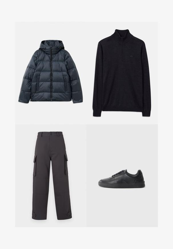Veste rembourrée bleu marine foncé avec capuche, design matelassé, fermeture éclair sur le devant et deux poches latérales zippées ; texture lisse et brillante.; Pull noir à manches longues avec col haut côtelé et demi-zip, présentant un logo discret sur la poitrine gauche.; Pantalons cargo gris foncé, fabriqués en tissu lisse, dotés de deux poches latérales et de fermetures à boutons. Coupe ample avec des ourlets côtelés.; Chaussure de sport en cuir noir avec une finition lisse, bout arrondi, panneau latéral texturé et lacets noirs. Présente une semelle en caoutchouc plate et un design minimaliste.