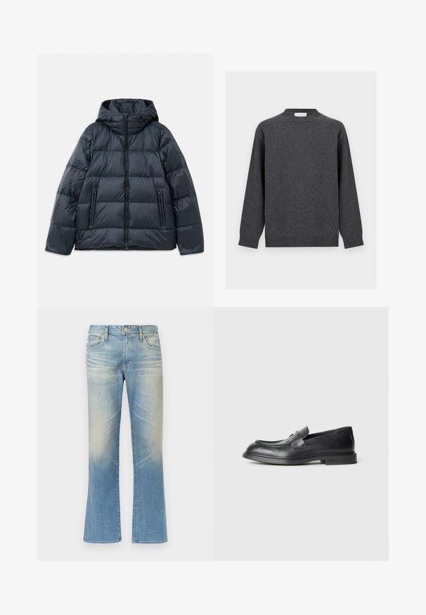 Mørkeblå pufferjakke med hætte, kviltet design, frontlynlås og to lynlåslommer på siden; glat, blank overflade.; Mørkegrå sweater med rund hals og lange ærmer, ribstrikkede manchetter, kant og halsudskæring, vist mod en ensfarvet lys baggrund.; Lyseblå denim jeans med vidde, med en falmet finish, fem-lomme-design, lukkes med metal knap og lige sømme.; Sorte læder loafers med en struktureret finish, der har en dekorativ frontrem og en rundet tå. Gummisål for holdbarhed.
