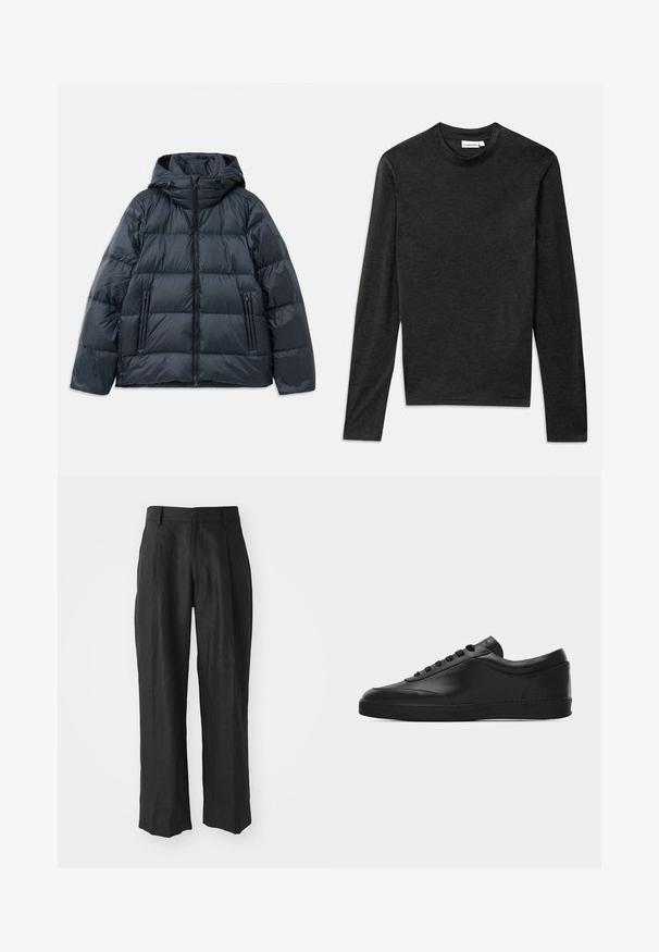 Mørkeblå pufferjakke med hætte, kviltet design, frontlynlås og to lynlåslommer på siden; glat, blank overflade.; Mørkegrå langærmet crew neck shirt med slim fit og J. Lindeberg label ved halsudskæringen, lagt fladt på en hvid baggrund.; Sorte linnedragter med lige ben, der har særlige folder foran og en glat tekstureret finish.; Sort lavtstående lædersneaker med snørebånd foran og flad gummisål, vist fra siden på en ensartet hvid baggrund.