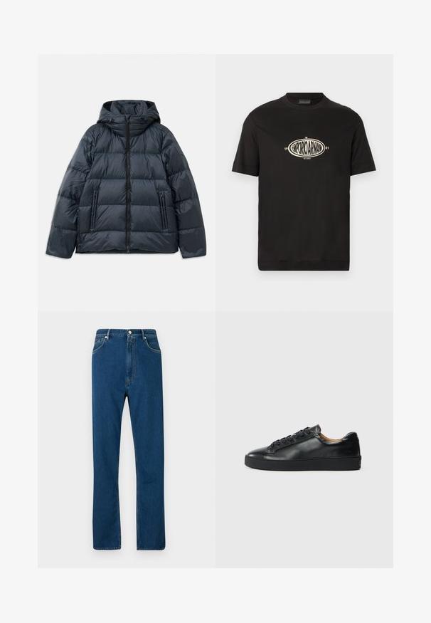 Veste rembourrée bleu marine foncé avec capuche, design matelassé, fermeture éclair sur le devant et deux poches latérales zippées ; texture lisse et brillante.; T-shirt noir à manches courtes avec col rond, arborant au centre un logo ovale portant l'inscription "EMPORIO ARMANI 1981 MILANO" en lettres beige.; Jean en denim bleu avec une taille haute, une coupe droite, un style à cinq poches et des coutures orange contrastées. Texture lisse.; Baskets en cuir noir avec une texture lisse, bout rond et fermeture à lacets. Comprend une semelle en caoutchouc épaisse et un minimum de détails de marque.