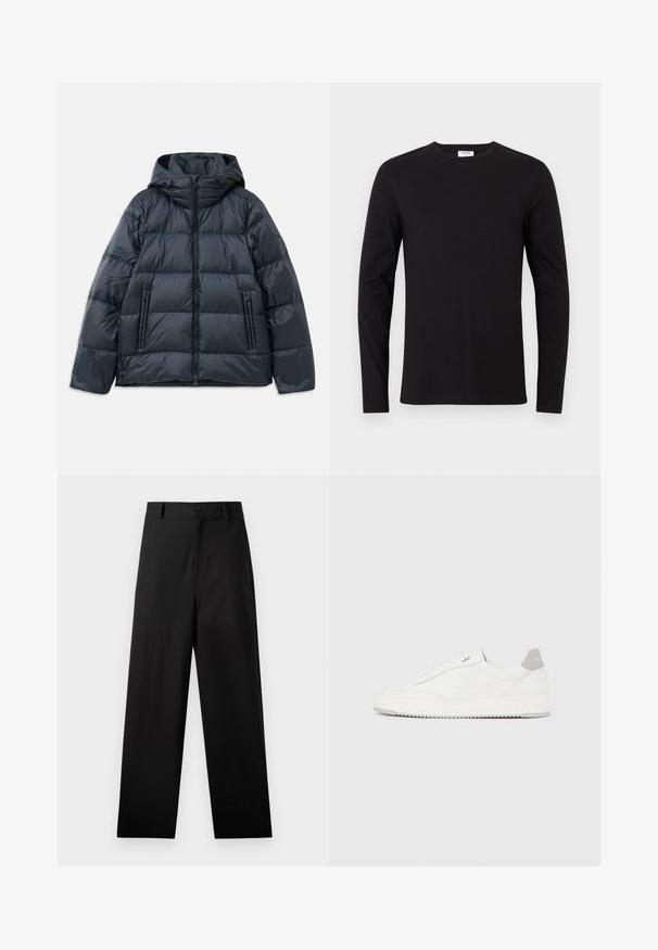 Veste rembourrée bleu marine foncé avec capuche, design matelassé, fermeture éclair sur le devant et deux poches latérales zippées ; texture lisse et brillante.; T-shirt noir à manches longues en coton, doté d'un col rond et d'un design simple sans motifs ni ornements visibles.; Pantalons noirs en coton avec une coupe droite, dotés d'une fermeture à bouton à l'avant et de poches latérales. Texture lisse, sans motifs.; Baskets basses blanches avec un onglet de talon gris, des lacets blancs et une semelle texturée, présentées sur un fond uni clair.