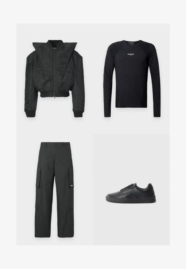 Sort bomberjakke med cropped design, bred krave, ribbet manchetter og lynlåslomme på siden. Fremstillet af glat, let stof.; Sort langærmet træningsskjorte lavet af glat, letvægtsstof. Har rund hals, raglanærmer og en diskret logo på brystet.; Sorte straight-leg cargo bukser med sidelommer med klap, knaplukning, bæltestropper og et lille hvidt logo på klappen af højre lomme.; Sorte lædersneakers med en glat finish, rund tå, struktureret sidelæder og sorte snørebånd. Har en flad gummisål og et minimalistisk design.