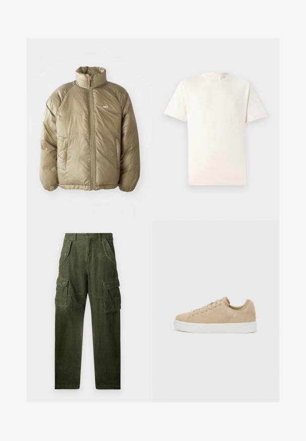 Lystebrun polstret jakke med høj krave, frontlynlås, sidelommer og lille hvid "OBEY" logo på venstre bryst.; TOM TAILOR BASIC CREW NECK - T-shirts basic - smooth light sand; Cargo bukser i mørke olivengrøn kordfløjl, med flere lommer og et lige ben-design med synlig tekstur og knapdetaljer.; Beige ruskindslav-topsneaker med snørelukning og hvid gummisål på en lysegrå baggrund.