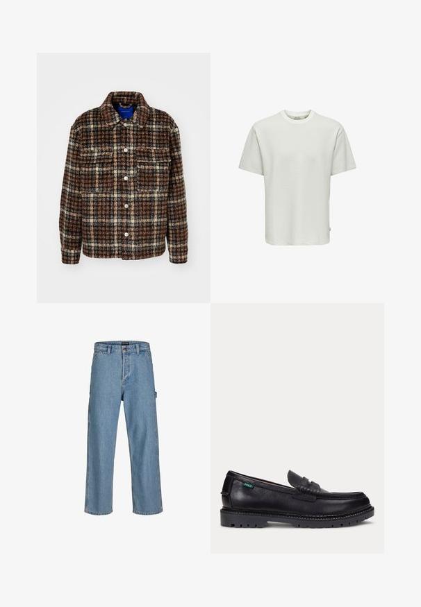 Geruit jasje in bruin, crème en marineblauw. Gemaakt van een textiele stof met een kraag, knoopsluiting en twee borstzakken.; Wit gestructureerd T-shirt met korte mouwen en ronde hals met wafelgebreid patroon, afgebeeld op een effen witte achtergrond.; Lichtblauwe denim jeans met een ontspannen pasvorm, rechte pijpen en een klassieke tailleknop. Voorzien van zijzakken en subtiele stikdetails.; Zwarte leren loafer met dikke geprofileerde zool en klein groen "Polo" label aan de buitenkant bij de hiel.