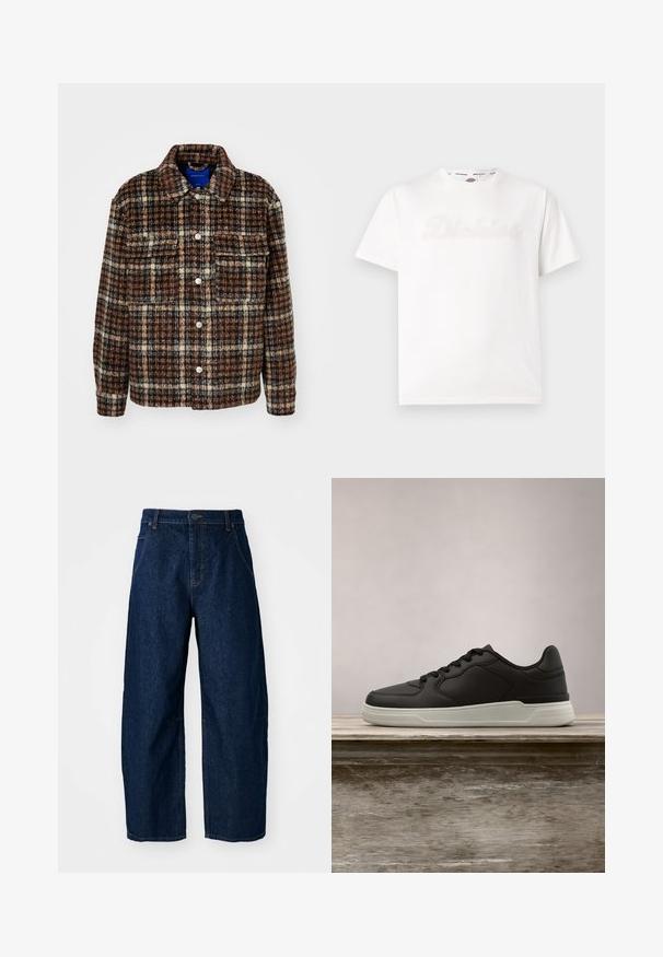 Geruit jasje in bruin, crème en marineblauw. Gemaakt van een textiele stof met een kraag, knoopsluiting en twee borstzakken.; Wit T-shirt met korte mouwen met subtiel geperst "Dickies" logo op de voorkant en gebrande binnenkraagband.; Wijdvallende donkere spijkerbroek met een hoge taille, voorzien van vijf zakken, een sluiting met een knoop aan de voorkant en zichtbare stikseldetails.; Zwarte sneaker met witte zool zwevend boven een houten bank, groene loofbomen op de vervaagde achtergrond.