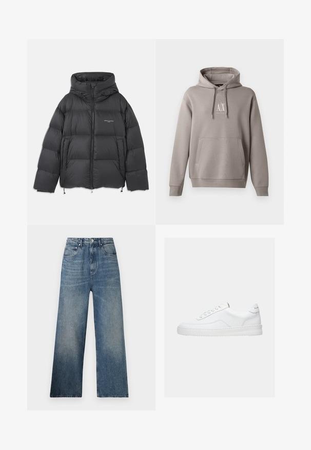Chaqueta de plumas negra con cuello alto y capucha, diseño acolchado, cremallera frontal y cordones ajustables en el dobladillo y la capucha.; Sudadera gris con un bolsillo canguro central, capucha ajustable con cordón y un pequeño logo blanco en el pecho. Textura de tela suave.; Jeans de mezclilla azul de pierna ancha con cintura alta, que presentan un desgaste sutil, cinco bolsillos y un cierre de botón metálico en la parte delantera.; Zapatilla deportiva blanca de corte bajo con diseño con cordones, parte superior de cuero liso y suela gruesa, vista de lado sobre un fondo liso.