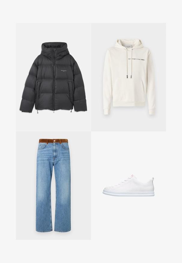 Schwarze Pufferjacke mit hohem Kragen und Kapuze, gestepptem Design, Frontreißverschluss und verstellbaren Kordeln am Saum und an der Kapuze.; Iceberg Kapuzenpullover - vaniglia; Helle blaue Denim-Jeans im geraden Bein-Design, mit einem braunen Wildlederbund, vorderen Taschen und einem Reißverschluss.; Weiße Leder-Sneaker mit abgerundetem Zeh, flacher Sohle und minimalistischem Design. Verfügt über tonale Nähte und eine kleine Schlaufe an der Ferse.