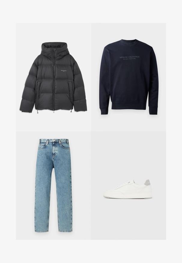 Chaqueta de plumas negra con cuello alto y capucha, diseño acolchado, cremallera frontal y cordones ajustables en el dobladillo y la capucha.; Sudadera azul marino hecha de material suave, con cuello redondo y puños acanalados, con el texto en relieve "ARMANI EXCHANGE MILANO / NEW YORK".; Vaqueros de mezclilla azul claro con corte de pierna recta, cinco bolsillos y cierre con botón de latón. La tela tiene una textura ligeramente desgastada y un aspecto desteñido.; Zapatilla blanca de corte bajo con pestaña en el talón gris, cordones blancos y suela texturizada, presentada sobre un fondo claro y liso.