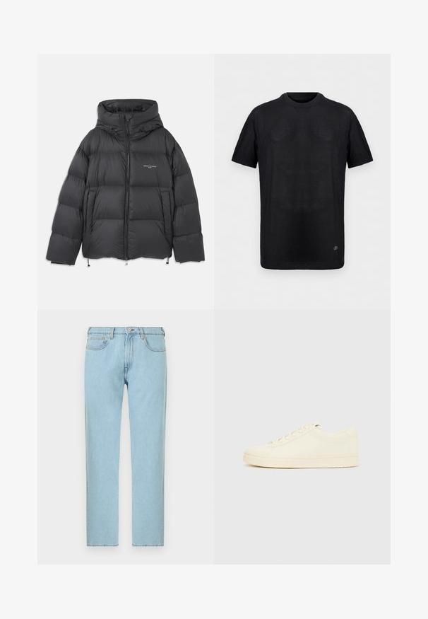 Schwarze Pufferjacke mit hohem Kragen und Kapuze, gestepptem Design, Frontreißverschluss und verstellbaren Kordeln am Saum und an der Kapuze.; Schwarzes, kurzärmliges, geripptes Strick-T-Shirt mit Rundhalsausschnitt und kleinem Metall-Logo nahe dem unteren Saum vor einfachem Hintergrund.; Hellblaue Jeans mit geradem Bein, mit vorderer Knopf- und Reißverschluss, vorne und hinten mit Taschen, auf weißem Hintergrund dargestellt.; Cremefarbener Sneaker mit glattem Lederoberteil, abgerundeter Zehenpartie, Schnürung vorne und strukturierter Gummisohle. Minimalistisches Design, ohne Logos.