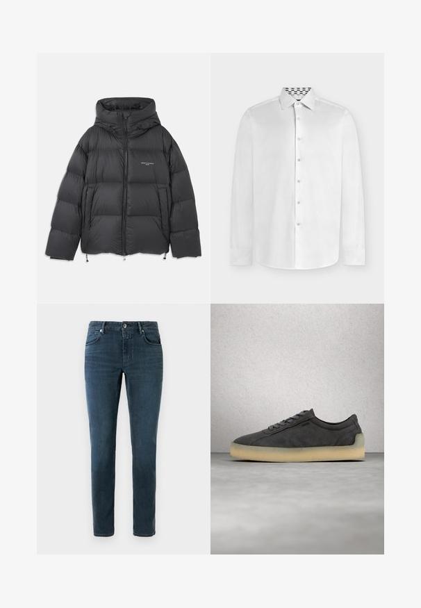 Chaqueta de plumas negra con cuello alto y capucha, diseño acolchado, cremallera frontal y cordones ajustables en el dobladillo y la capucha.; Camisa blanca de manga larga con botones y cuello puntiagudo, que muestra un forro interior del cuello con patrón en blanco y negro.; Jeans de color azul oscuro con corte ajustado, diseño de cinco bolsillos y cierre de botón. Fabricados de denim con una textura suave y un ligero desgaste.; Zapatilla de ante gris oscuro con suela beige clara y cordones grises, flotando sobre un suelo de hormigón pulido junto a una pared de azulejos de vidrio.