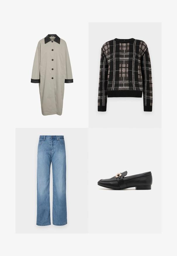 Lang beige frakke med sort læderkrave og manchetter, fem sorte knapper foran og sidelommer.; Sort strikket sweater med beige og hvid ternet mønster, rund hals, lange ærmer og ribbede manchetter og kant.; Lyseblå denim brede bukser med et klassisk fem-lomme design, knaplukning og diskrete syninger langs sømmene.; Sort læder mokkasin med lav hæl, der har en guldfarvet dekoreret rem over vristen og et glat, strømlinet design.