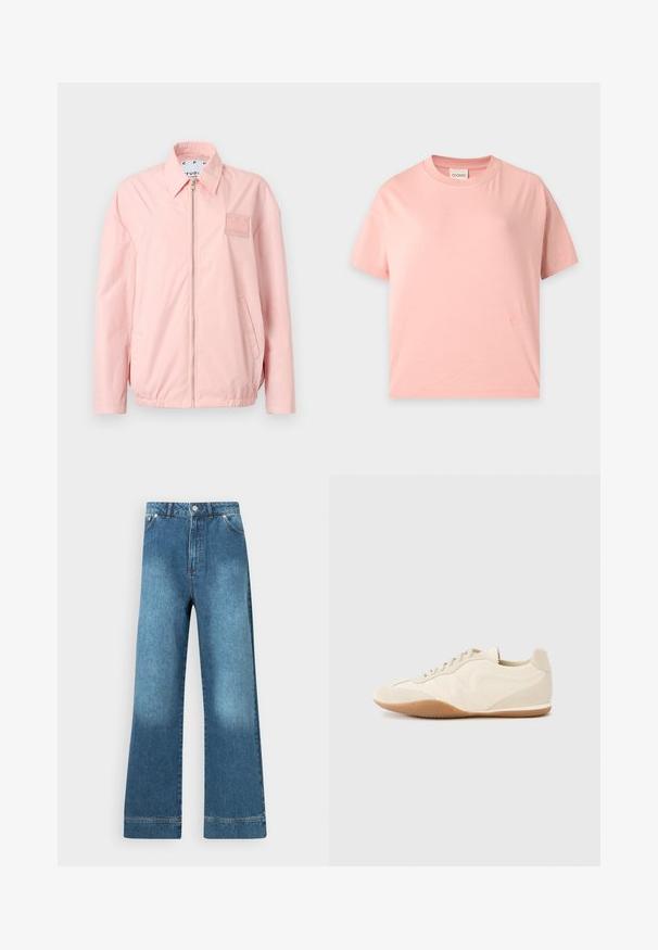 Veste zippée rose clair avec col, manches longues, deux poches latérales et petit logo patch sur la poitrine gauche.; T-shirt à manches courtes rose clair avec un col rond, une coupe droite et un petit logo brodé ton sur ton près de l’ourlet inférieur.; Jean en denim bleu à taille haute et jambes larges, doté de poches avant, d'une fermeture par bouton et d'un léger délavage sur les cuisses.; Baskets beige clair avec une tige en cuir texturé, des panneaux latéraux texturés et une semelle en caoutchouc. Dotées d'un design fin et épuré ainsi que de lacets plats.
