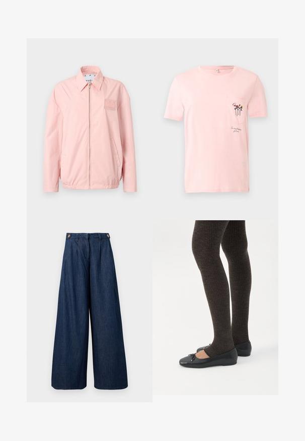 Veste zippée rose clair avec col, manches longues, deux poches latérales et petit logo patch sur la poitrine gauche.; T-shirt rose clair à manches courtes avec une petite poche poitrine ornée de trois fleurs brodées et le texte "Dans mon jardin heureux."; Pantalon en denim bleu foncé à jambes larges, taille haute, plis à l'avant, passants pour ceinture et détails de boutons sur les côtés de la ceinture.; Jambes portant des leggings côtelés foncés associés à des ballerines noires avec de petits détails en nœud sur fond blanc.