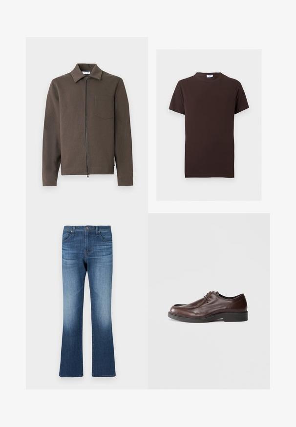 Veste marron à fermeture éclair avec col chemise, manches longues, tissu texturé et une seule poche poitrine. Design simple et fonctionnel.; T-shirt uni marron foncé à manches courtes avec col rond, coupe slim et petite étiquette blanche à l'intérieur du col.; Jean évasé en denim bleu foncé avec une finition délavée. Comprend cinq poches, des passants pour ceinture et une fermeture éclair avec un bouton.; Chaussure habillée en cuir marron avec un bout arrondi, des accents de couture minimum, et une semelle noire robuste. Présente un système de laçage et une texture lisse.