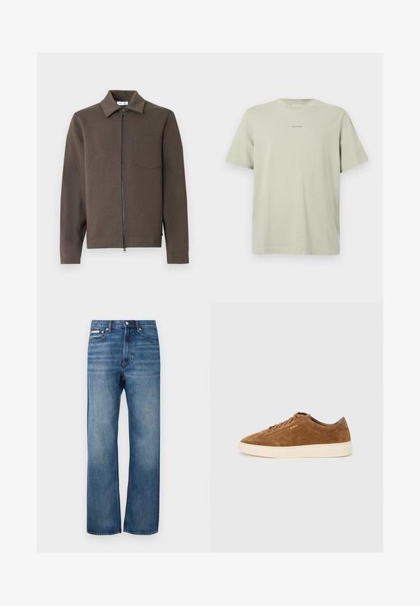 Veste marron à fermeture éclair avec col chemise, manches longues, tissu texturé et une seule poche poitrine. Design simple et fonctionnel.; T-shirt en coton vert clair avec un col rond, des manches courtes et un petit logo Calvin Klein imprimé en une teinte plus foncée sur la poitrine.; Jeans en denim bleus à jambe droite avec un léger délavage, fermeture à bouton à l'avant et une petite étiquette logo sur la poche avant droite.; Baskets en daim marron avec bout rond, semelle en caoutchouc crème et lacets ton sur ton. Présentent un logo en relief sur le côté et un panneau arrière lisse.